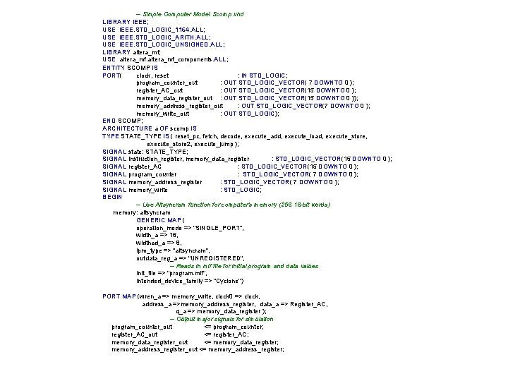 -- Simple Computer Model Scomp. vhd LIBRARY IEEE; USE IEEE. STD_LOGIC_1164. ALL; USE IEEE.