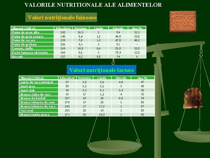VALORILE NUTRITIONALE ALIMENTELOR Valori nutriționale fainoase Aliment (100 g) Paine de grau alba Paine