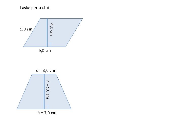 Laske pinta-alat 4, 0 cm 5, 0 cm Suunnikkaan pinta-ala = kanta · korkeus