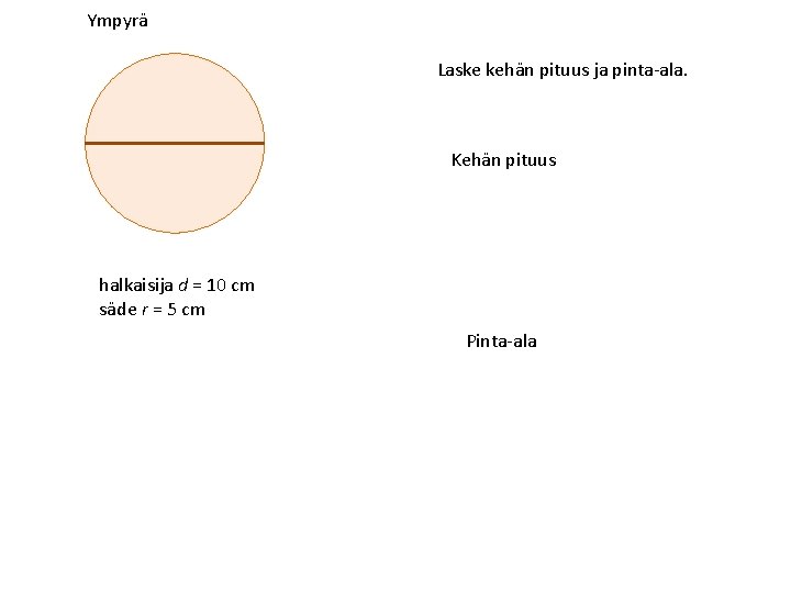 Ympyrä Laske kehän pituus ja pinta-ala. Kehän pituus halkaisija d = 10 cm säde