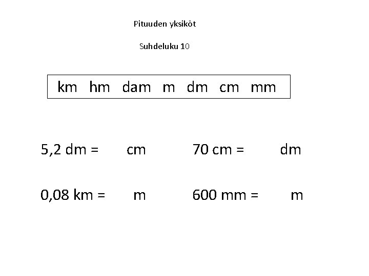 Pituuden yksiköt Suhdeluku 10 km hm dam m dm cm mm 5, 2 dm