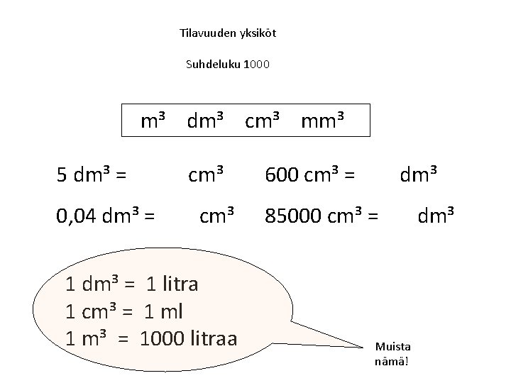 Tilavuuden yksiköt Suhdeluku 1000 m³ dm³ cm³ mm³ 5 dm³ = 5000 cm³ 600