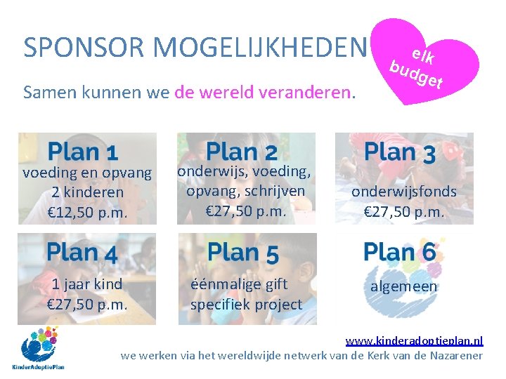 SPONSOR MOGELIJKHEDEN Samen kunnen we de wereld veranderen. voeding en opvang 2 kinderen € SPONSOR MOGELIJKHEDEN Samen kunnen we de wereld veranderen. voeding en opvang 2 kinderen €