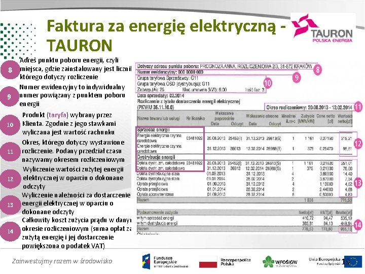 Faktura za energię elektryczną TAURON Adres punktu poboru energii, czyli 8 miejsca, gdzie zainstalowany