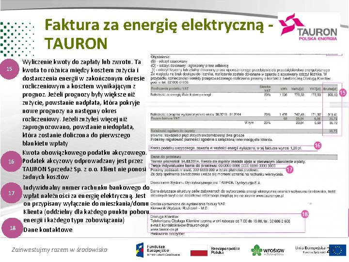 Faktura za energię elektryczną TAURON 15 16 17 18 Wyliczenie kwoty do zapłaty lub