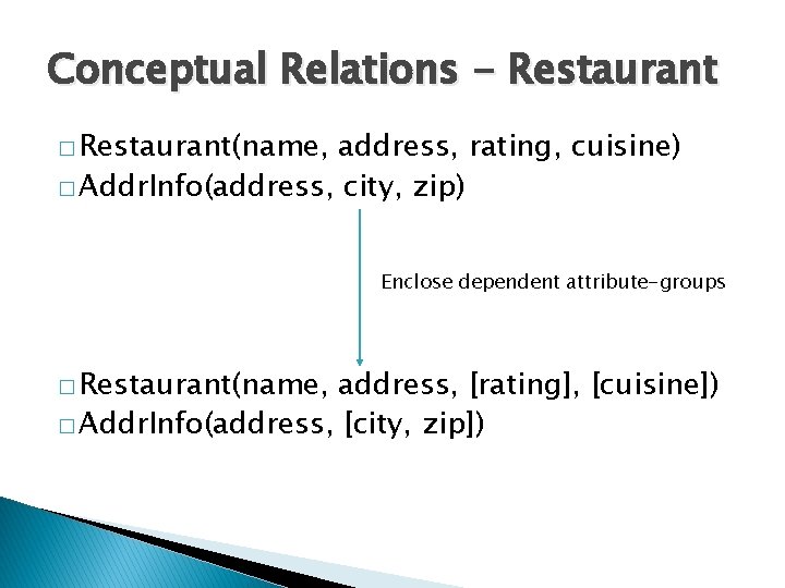 Conceptual Relations - Restaurant � Restaurant(name, address, rating, cuisine) � Addr. Info(address, city, zip)