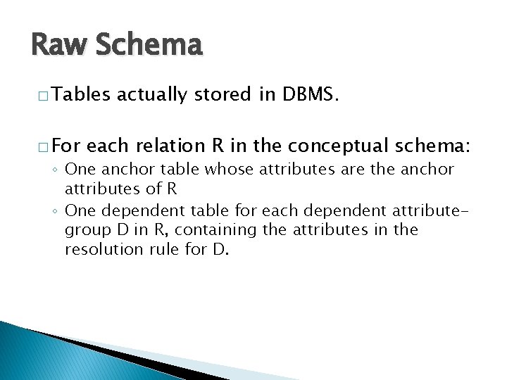 Raw Schema � Tables � For actually stored in DBMS. each relation R in