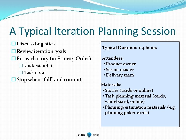 A Typical Iteration Planning Session � Discuss Logistics � Review iteration goals � For