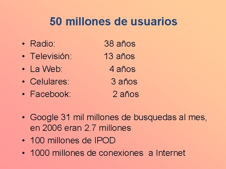 50 millones de usuarios • • • Radio: 38 años Televisión: 13 años La