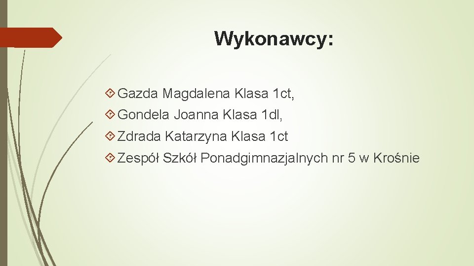 Wykonawcy: Gazda Magdalena Klasa 1 ct, Gondela Joanna Klasa 1 dl, Zdrada Katarzyna Klasa