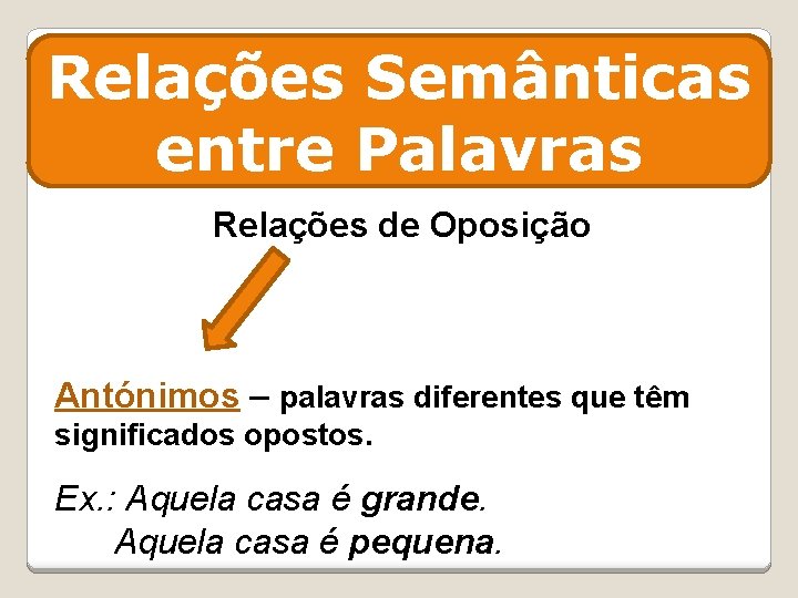 Relações Semânticas entre Palavras Relações de Oposição Antónimos – palavras diferentes que têm significados