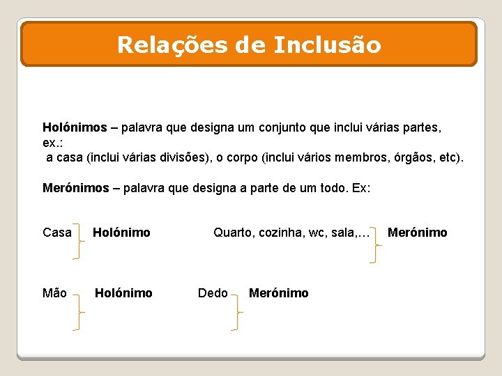 Relações de Inclusão Holónimos – palavra que designa um conjunto que inclui várias partes,