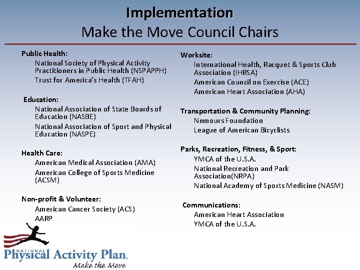 Implementation Make the Move Council Chairs Public Health: National Society of Physical Activity Practitioners