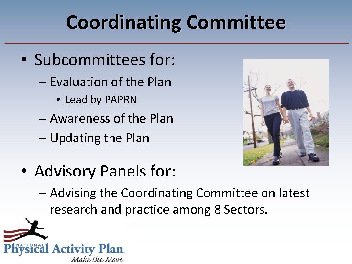 Coordinating Committee • Subcommittees for: – Evaluation of the Plan • Lead by PAPRN