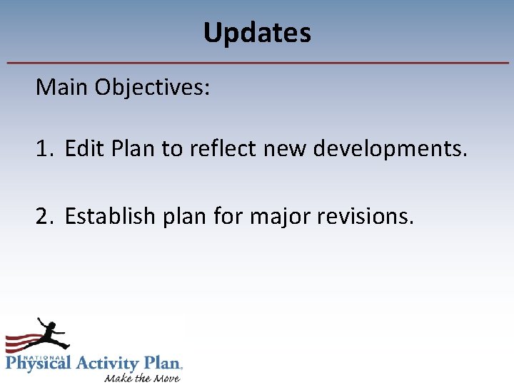 Updates Main Objectives: 1. Edit Plan to reflect new developments. 2. Establish plan for