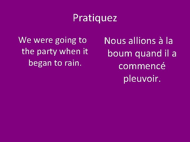 Pratiquez We were going to the party when it began to rain. Nous allions