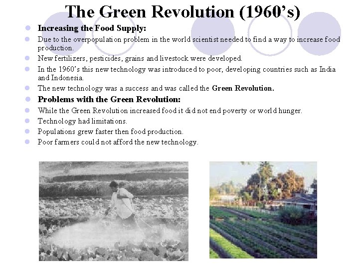 The Green Revolution (1960’s) l Increasing the Food Supply: l Due to the overpopulation