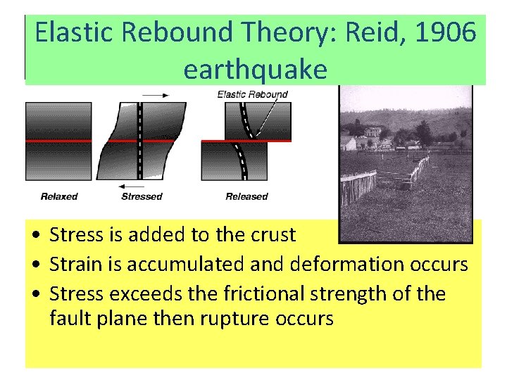 Elastic Rebound Theory: Reid, 1906 Elastic Rebound Theory earthquake • Stress is added to