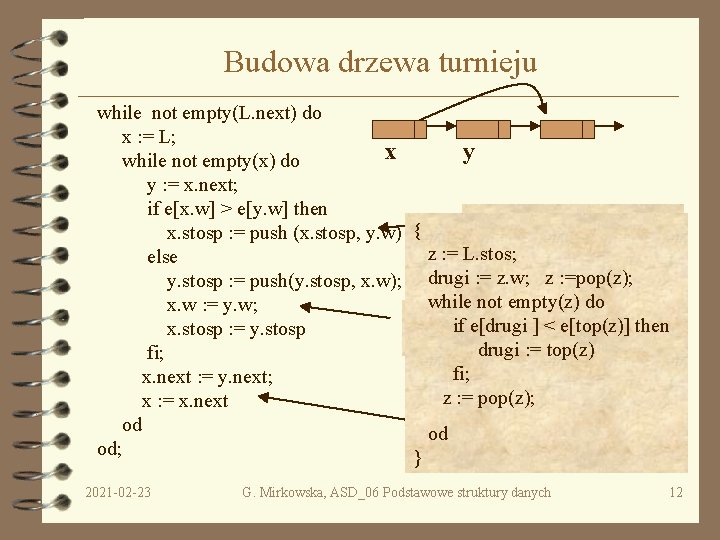 Budowa drzewa turnieju while not empty(L. next) do x : = L; x while