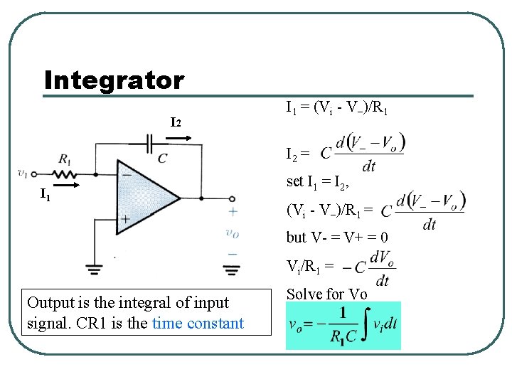 Integrator I 2 I 1 = (Vi - V )/R 1 I 2 = Integrator I 2 I 1 = (Vi - V )/R 1 I 2 =