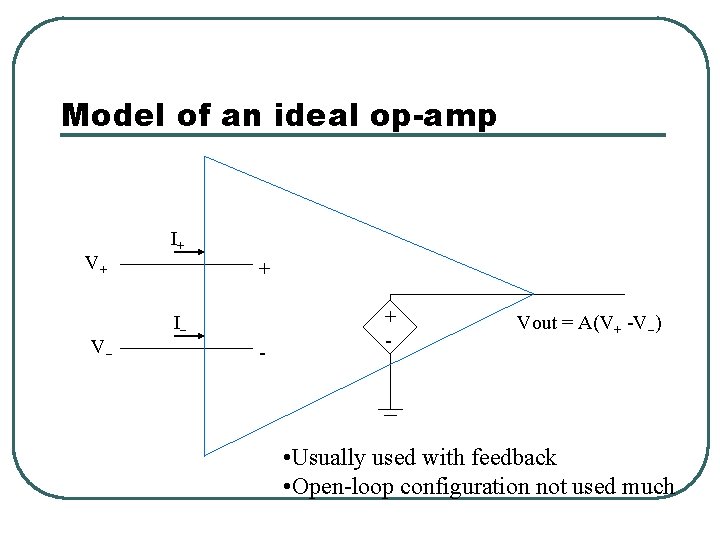 Model of an ideal op-amp V+ V I+ + I - + - Vout Model of an ideal op-amp V+ V I+ + I - + - Vout