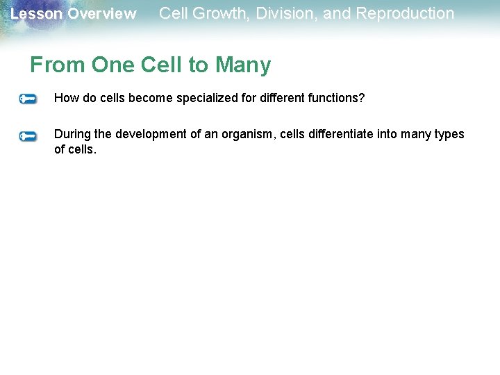 Lesson Overview Cell Growth, Division, and Reproduction From One Cell to Many How do Lesson Overview Cell Growth, Division, and Reproduction From One Cell to Many How do