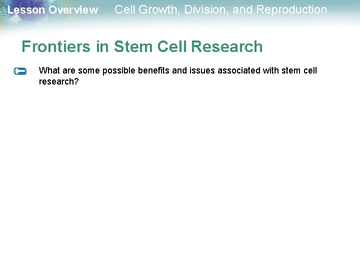 Lesson Overview Cell Growth, Division, and Reproduction Frontiers in Stem Cell Research What are Lesson Overview Cell Growth, Division, and Reproduction Frontiers in Stem Cell Research What are