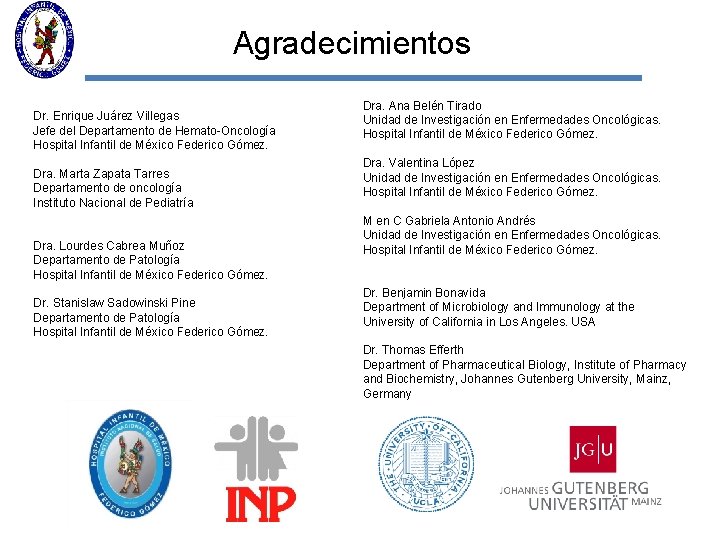 Agradecimientos Dr. Enrique Juárez Villegas Jefe del Departamento de Hemato-Oncología Hospital Infantil de México