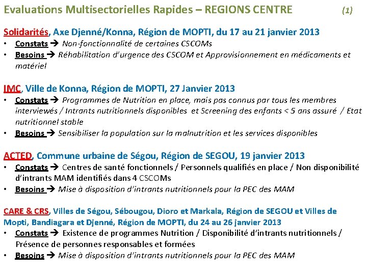 Evaluations Multisectorielles Rapides – REGIONS CENTRE (1) Solidarités, Axe Djenné/Konna, Région de MOPTI, du