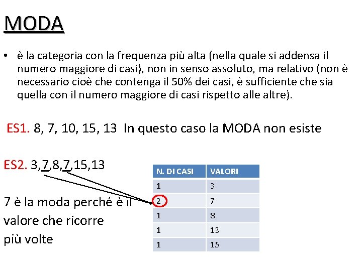 MODA • è la categoria con la frequenza più alta (nella quale si addensa