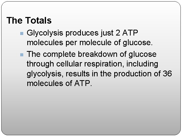 The Totals n n Glycolysis produces just 2 ATP molecules per molecule of glucose.