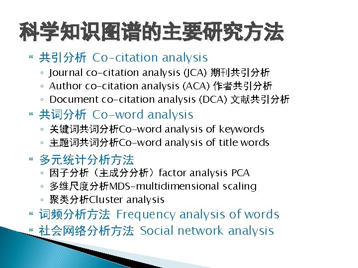 科学知识图谱的主要研究方法 共引分析 Co-citation analysis ◦ Journal co-citation analysis (JCA) 期刊共引分析 ◦ Author co-citation analysis