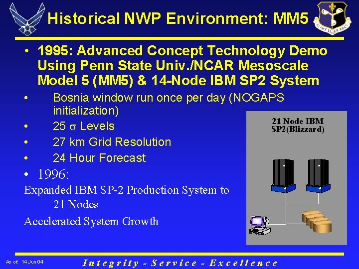 Historical NWP Environment: MM 5 • 1995: Advanced Concept Technology Demo Using Penn State
