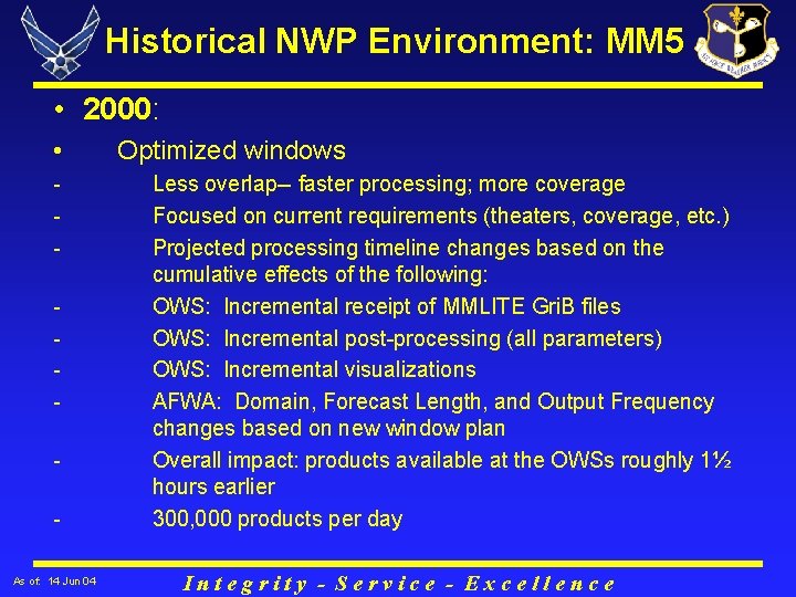 Historical NWP Environment: MM 5 • 2000: • As of: 14 Jun 04 Optimized