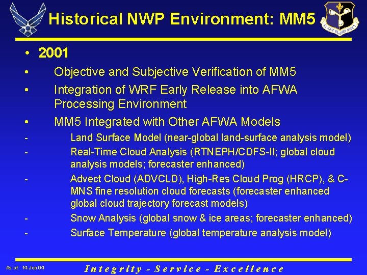 Historical NWP Environment: MM 5 • 2001 • • • - - As of: