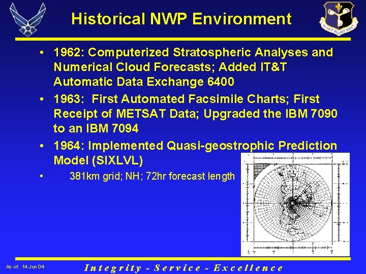Historical NWP Environment • 1962: Computerized Stratospheric Analyses and Numerical Cloud Forecasts; Added IT&T