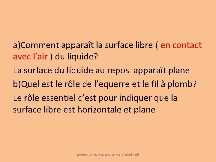 a)Comment apparaît la surface libre ( en contact avec l’air ) du liquide? La