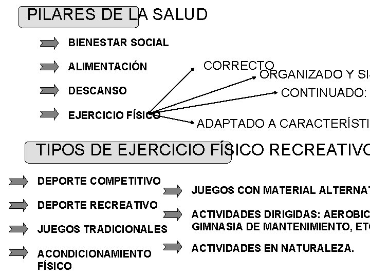 PILARES DE LA SALUD BIENESTAR SOCIAL ALIMENTACIÓN DESCANSO EJERCICIO FÍSICO CORRECTO ORGANIZADO Y SIS