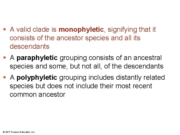 § A valid clade is monophyletic, signifying that it consists of the ancestor species § A valid clade is monophyletic, signifying that it consists of the ancestor species