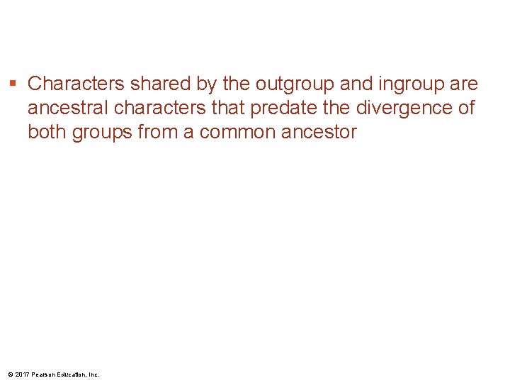§ Characters shared by the outgroup and ingroup are ancestral characters that predate the § Characters shared by the outgroup and ingroup are ancestral characters that predate the