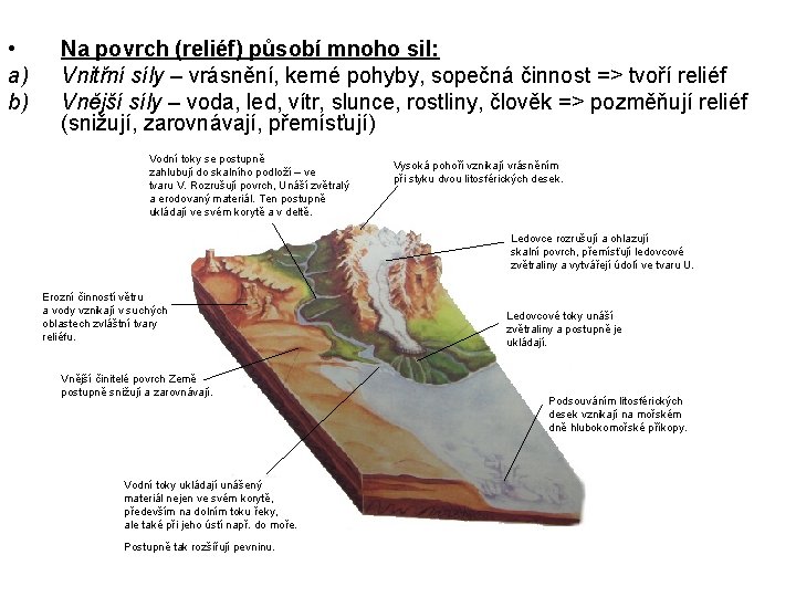  • a) b) Na povrch (reliéf) působí mnoho sil: Vnitřní síly – vrásnění,