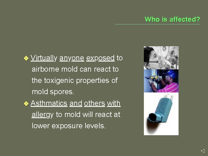 Who is affected? v Virtually anyone exposed to airborne mold can react to the