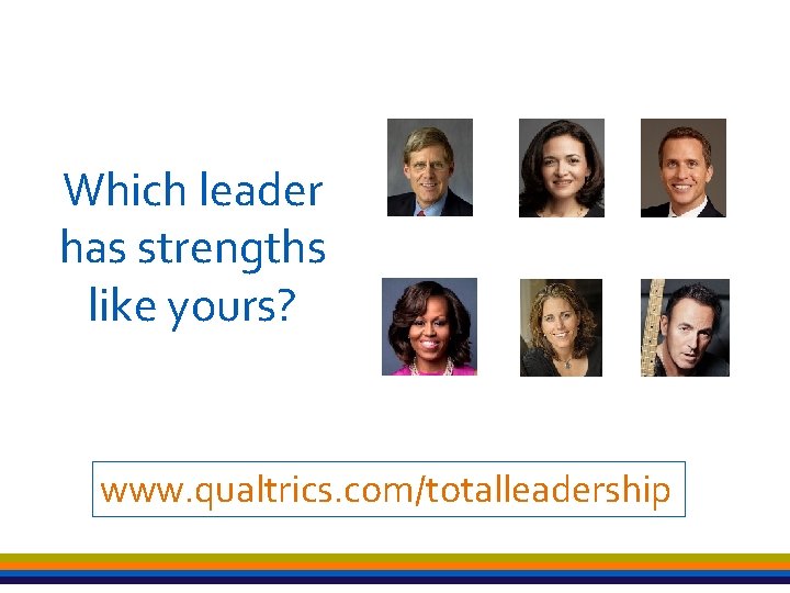 Which leader has strengths like yours? www. qualtrics. com/totalleadership 