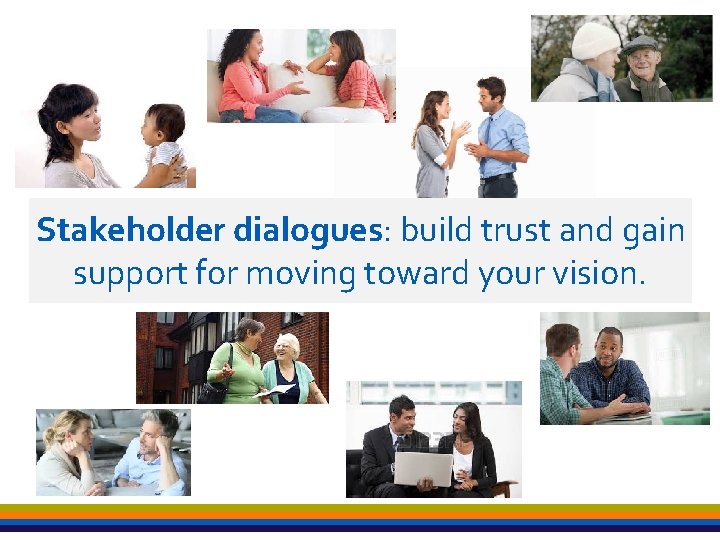 Stakeholder dialogues: build trust and gain support for moving toward your vision. 