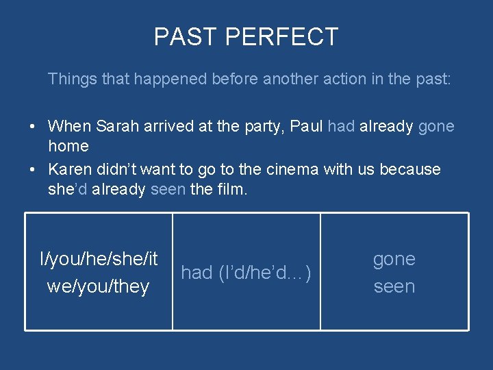 PAST PERFECT Things that happened before another action in the past: • When Sarah