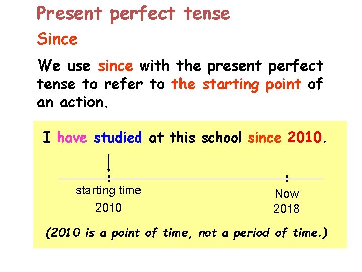 Present perfect tense Since We use since with the present perfect tense to refer