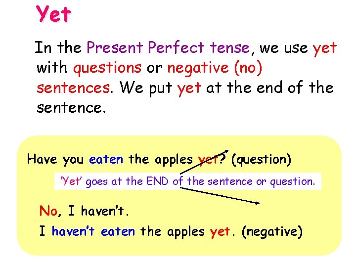 Yet In the Present Perfect tense, we use yet with questions or negative (no)