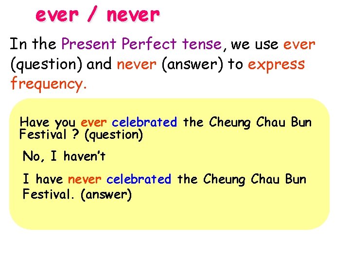 ever / never In the Present Perfect tense, we use ever (question) and never