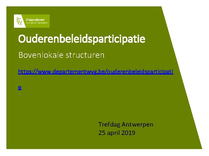Ouderenbeleidsparticipatie Bovenlokale structuren https: //www. departementwvg. be/ouderenbeleidsparticipati e Trefdag Antwerpen 25 april 2019 