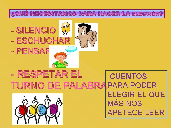 ¿QUÉ NECESITAMOS PARA HACER LA ELECCIÓN? - SILENCIO - ESCHUCHAR - PENSAR - RESPETAR